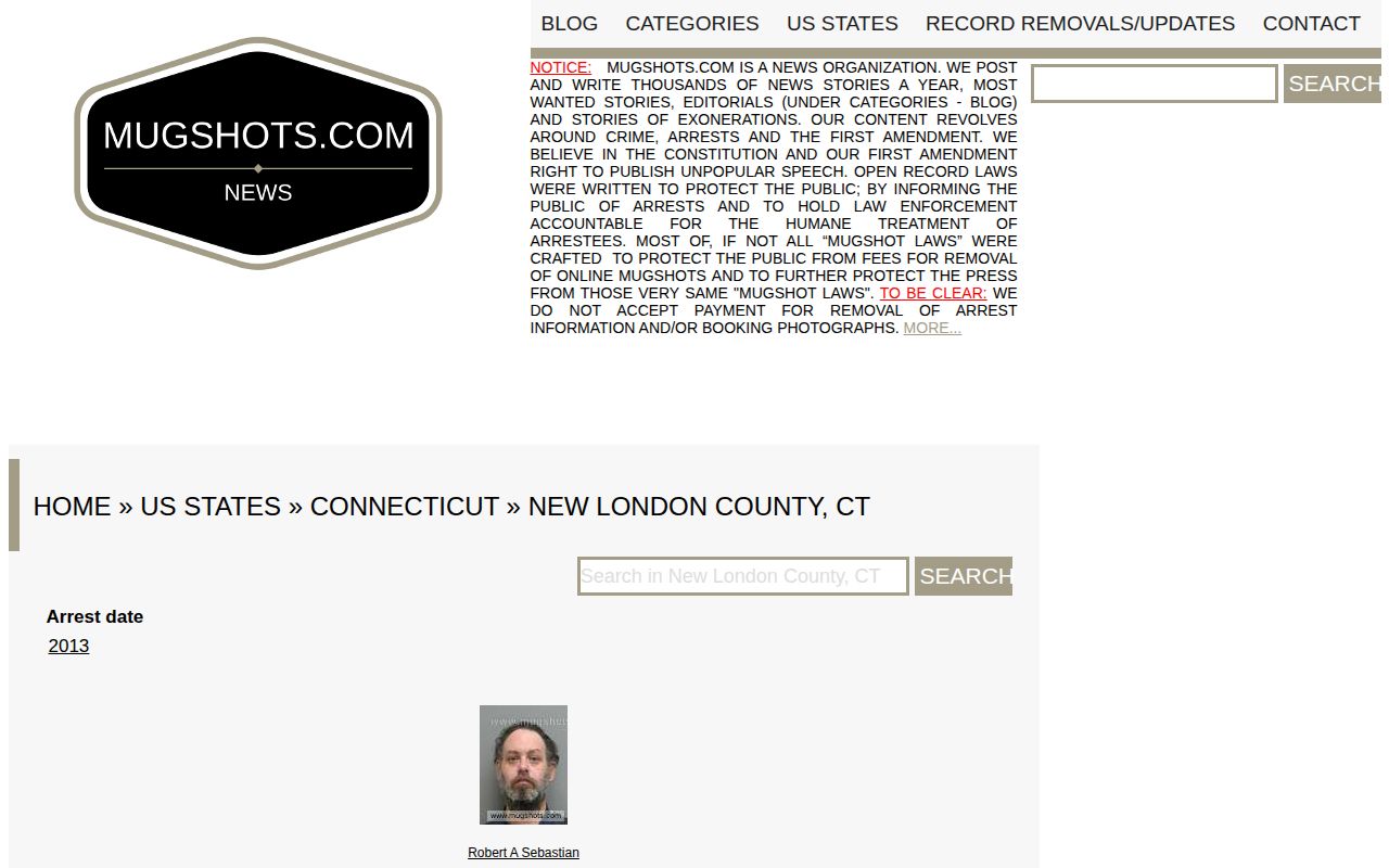 Stale unofficial Mugshots.com New London County arrest page