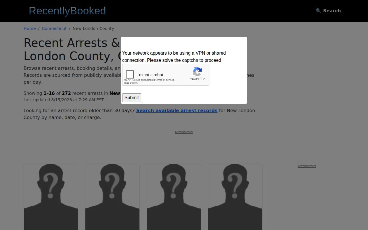 Unofficial RecentlyBooked New London County arrest record page without county mugshots