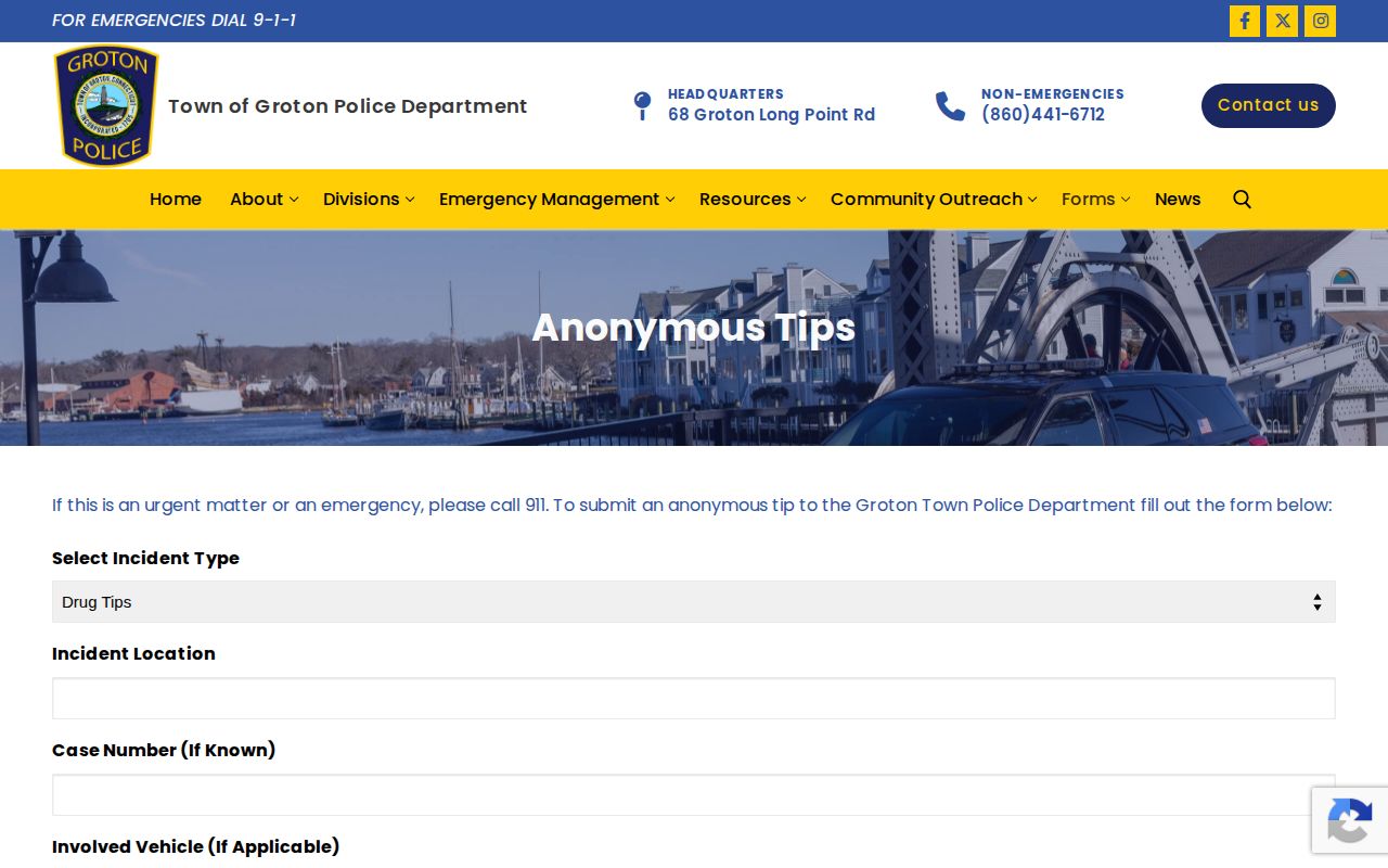 New London County wanted information tip route on the Groton Police anonymous tip form