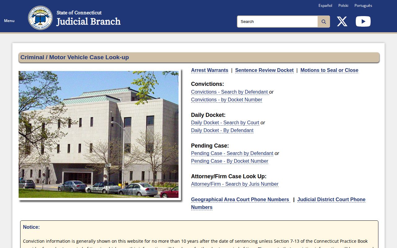 New London County warrant record search entry on the Connecticut Judicial Branch website