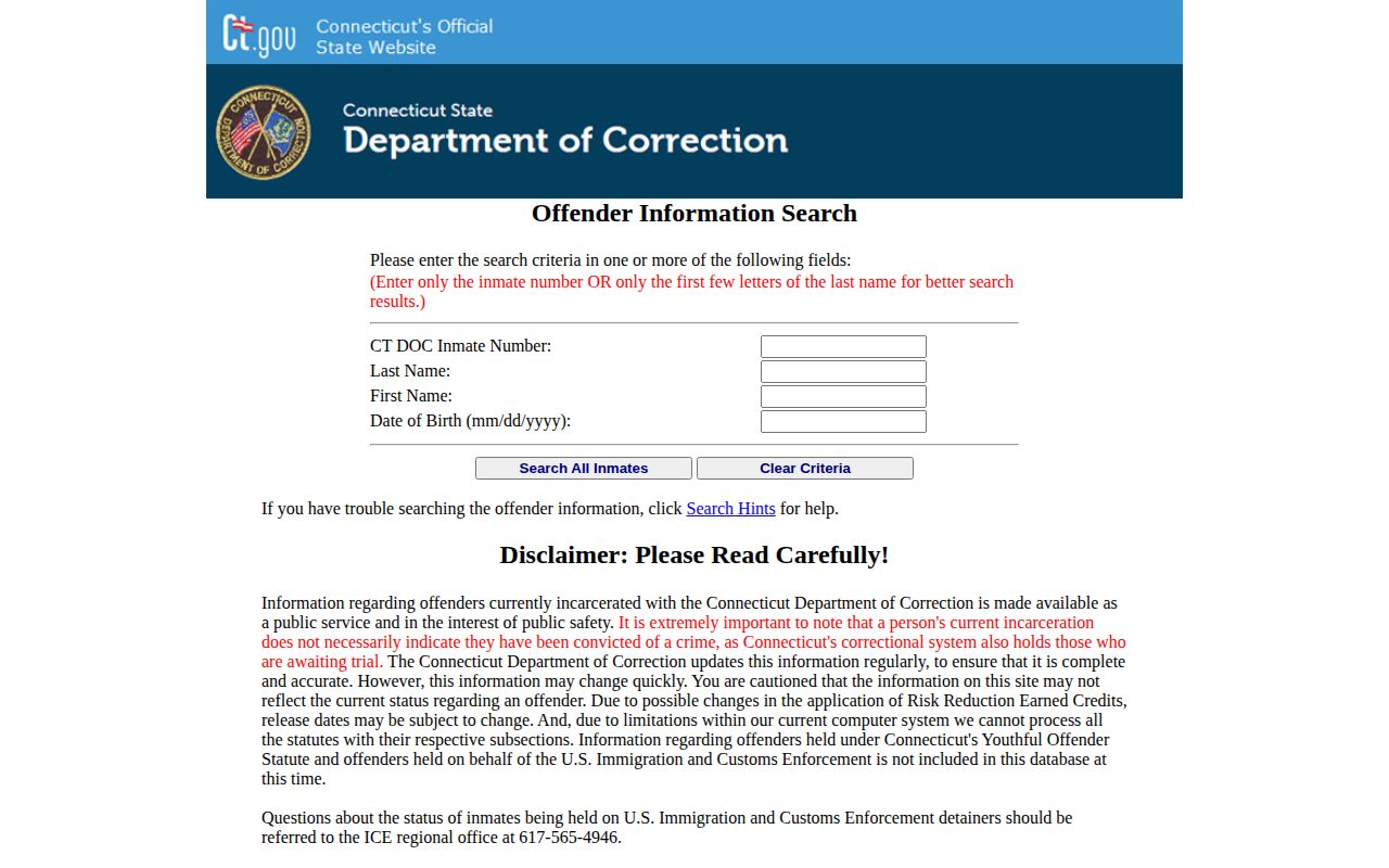 CT DOC custody search for New London County arrest and booking status