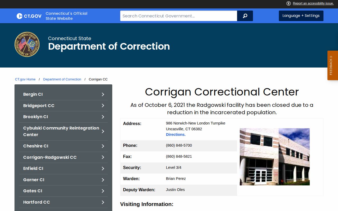Corrigan Correctional Center New London County custody information