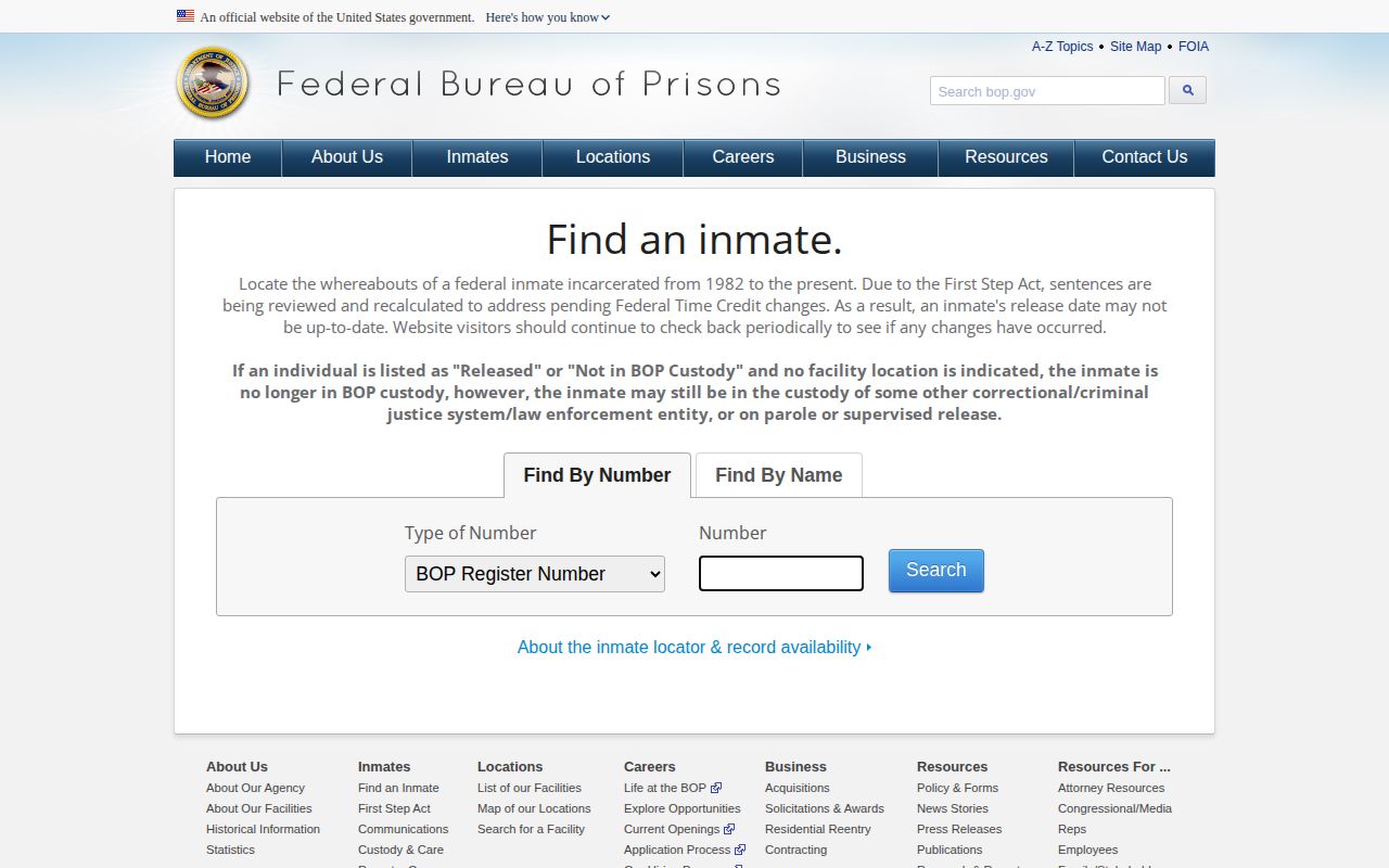 Federal inmate locator for New London County custody searches